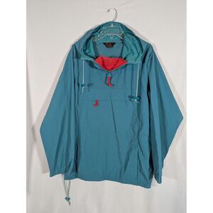 Vintage Eddie Bauer Men's L 90s Teal Hooded Anorak Windbreaker Kangaroo FLAW